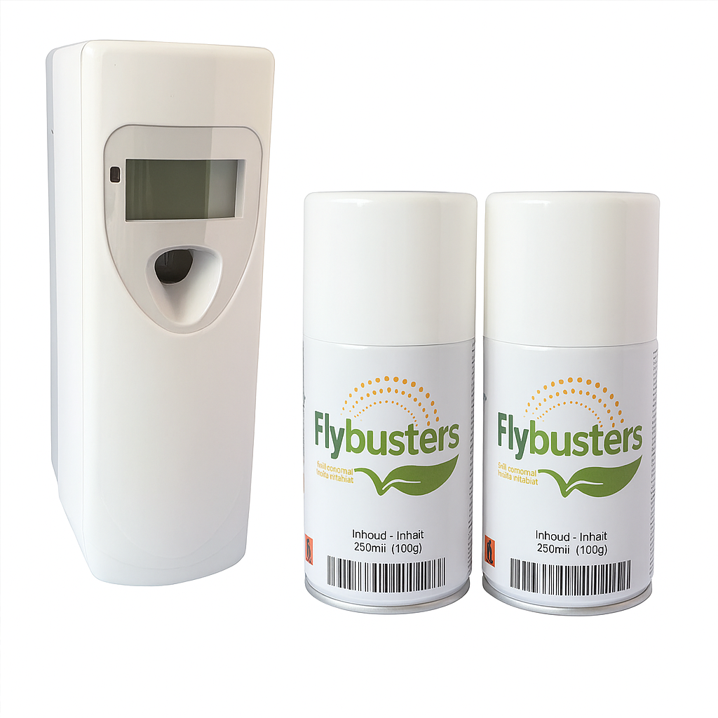 Flugfritt.se Automatiska Spray Dispenser + 2st Flybusters Refill