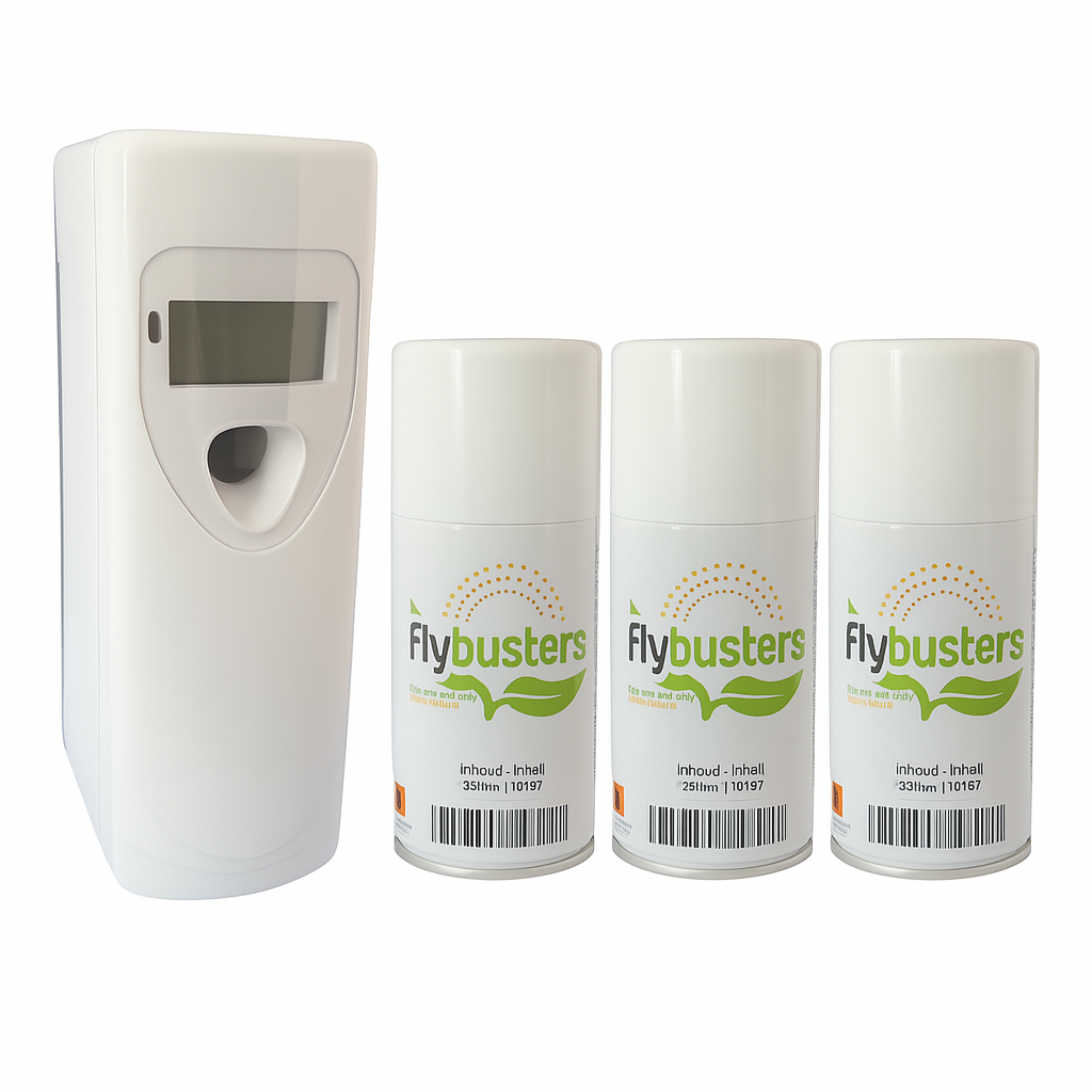 Flugfritt.se Automatiska Spray Dispenser + 3st Flybusters Refill