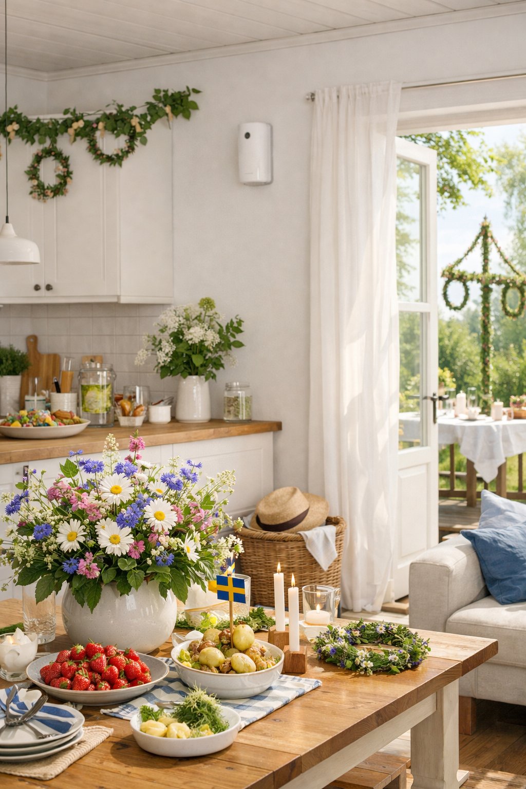 Sommardukning i ljus köksmiljö med blomsterbukett, svenska flaggdekorationer, tända ljus och öppet fönster.